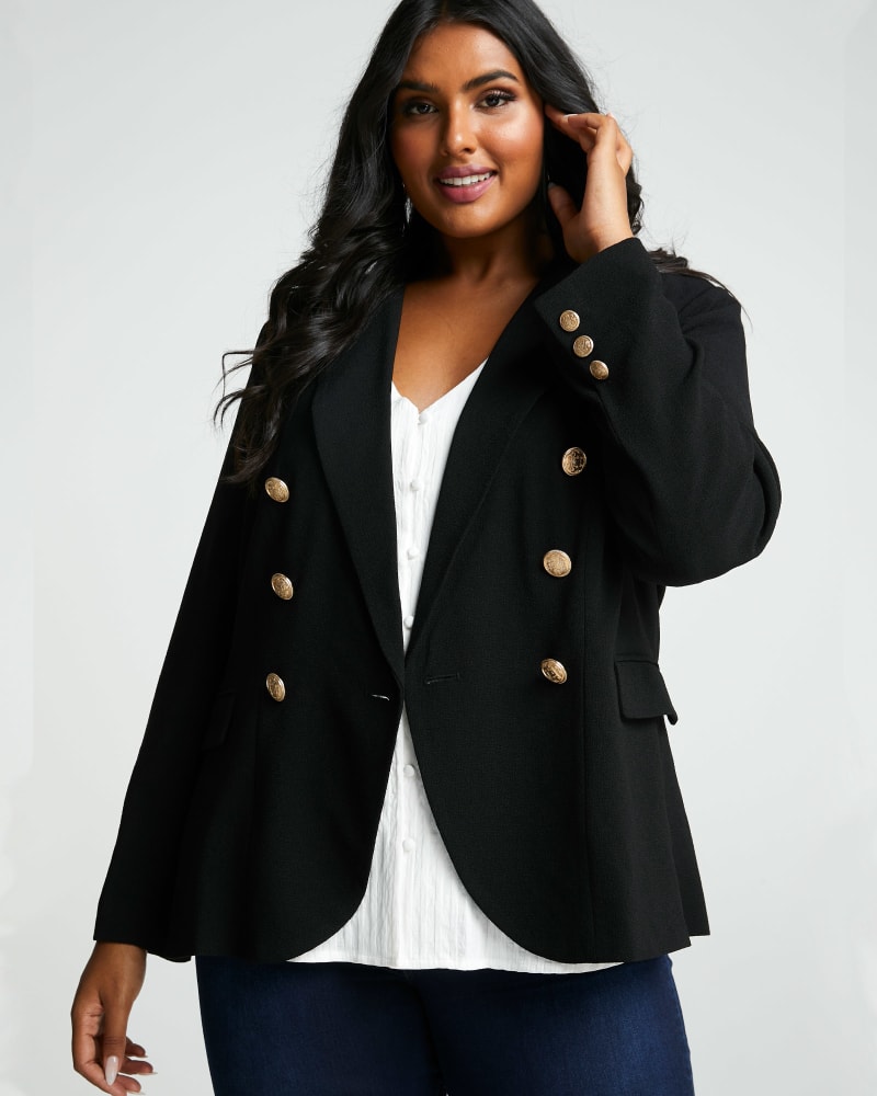 Front of a model wearing a size 1X Clever Blazer in Black by Estelle. | dia_product_style_image_id:248474